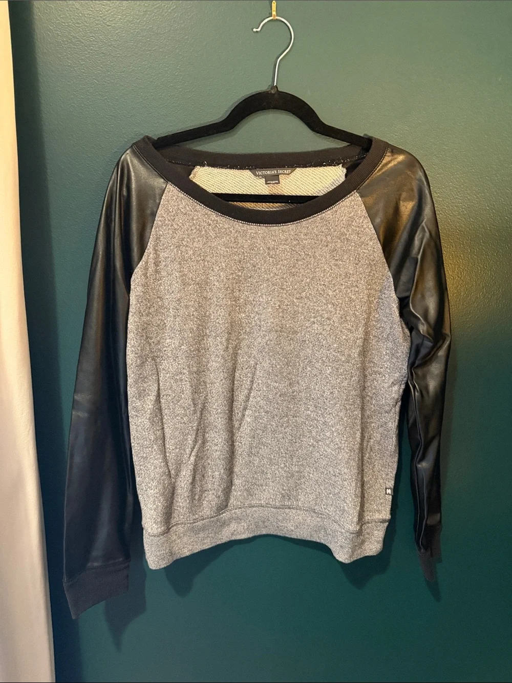 Victoria's Secret Gray Sweater with Black Faux Leather Sleeves